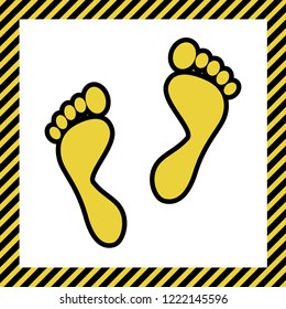 Foot prints sign. Vector. Warm yellow icon with black contour in frame named as under construction at white background. Isolated.