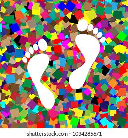 Foot prints sign. Vector. White icon on colorful background with seamless pattern from squares.