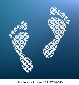 Foot prints sign. Vector. White textured icon at lapis lazuli gradient background.