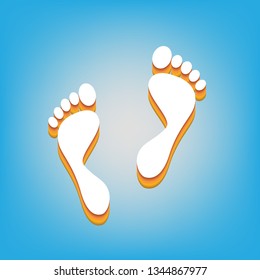 Foot prints sign. Vector. White icon with 3d warm-colored gradient body at sky blue background.