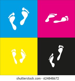 Foot prints sign. Vector. White icon with isometric projections on cyan, magenta, yellow and black backgrounds.