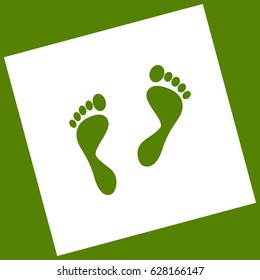 Foot prints sign. Vector. White icon obtained as a result of subtraction rotated square and path. Avocado background.