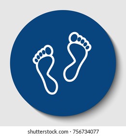 Foot prints sign. Vector. White contour icon in dark cerulean circle at white background. Isolated.