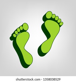 Foot prints sign. Vector. Yellow green solid icon with dark green external body at light colored background.