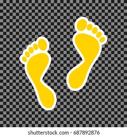 Foot prints sign. Vector. Yellow icon with white contour on dark transparent background.