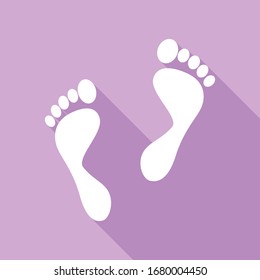 Foot prints sign. White Icon with long shadow at purple background. Illustration.