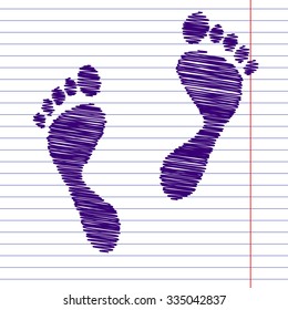 foot prints. Vector illustration with pen and school paper effect 