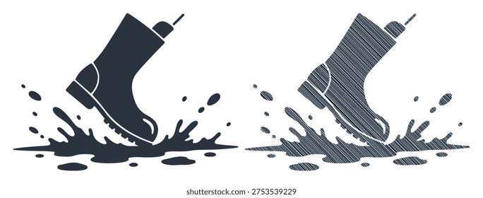 Foot in rain boot, stepping into mud puddle, water splash, vector illustration isolated
