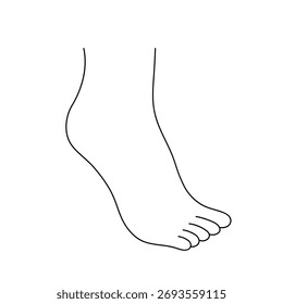 Pie con el dedo del pie levantado, dibujado a mano dibujo de línea doodle. Contorno del pie desnudo. Ilustración vectorial
