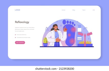 Foot reflexology web banner or landing page. Massage treatment and relaxation therapy. Therapist massaging a client on table. Flat vector illustration
