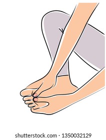 Foot Self Massage. A Girl Doing Feet Massage. Vector Illustration