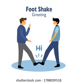 Foot shake concept. Two men make foot tapping for greeting. Safe greeting to prevent Covid-19 coronavirus influenza infection vector illustration. New normal greeting method.