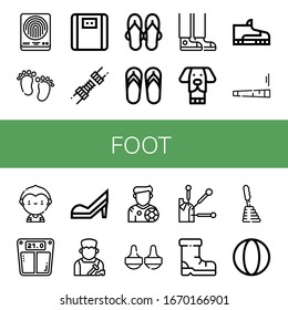 iconos simples de pies. Contiene iconos tales como huellas digitales, pies, escala de baño, juntas, sandalias, sandalias, sandalias, zapatillas, zapatillas, perro, calzado, reproductor de fútbol, que se pueden utilizar para web, móvil y logotipo
