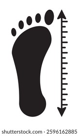 Foot size icon. Footprint, silhouette of a foot with toes, barefoot. The sole. The length of the foot. Measurements of the shoe. Shoe size from heel to toe. EPS 10. Vector illustrations