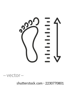 foot size measurement, choose dimension shoes, thin line symbol on white background - editable stroke vector illustration