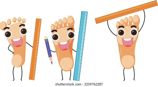 Pie con expresión facial sonriente e ilustración de regla