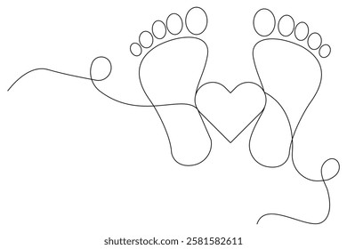 Foot sole continuous one line drawing of isolated outline vector art illustration,Footprint and bare foot in one continuous line drawing.
