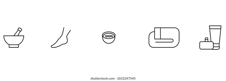 Foot spa care icon set with herbal bowl soak bath lotion scrub cream and beauty wellness hygiene therapy vector illustration.