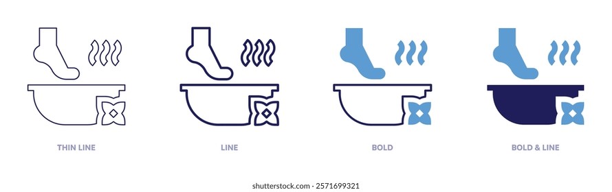 Foot spa icon in 4 different styles. Thin Line, Line, Bold, and Bold Line. Duotone style. Editable stroke.