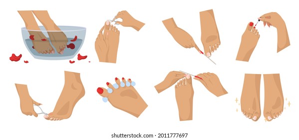 Foot spa and pedicure set, flat vector isolated illustration. Feet and toenails cosmetic treatment. Foot care. Nail art studio, spa and beauty salon services.