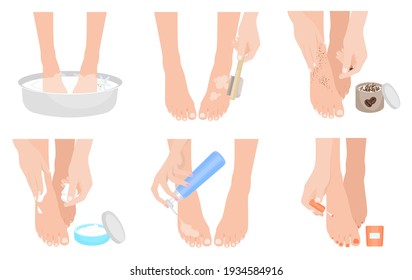 Foot spa. Foot skin care step by step.Healthy legs. Foot scrub, pedicure. Women's feet in bowl with flowers.Banner with women's legs. Beauty Girl Take Care of her Feet and Applying Peeling Cream.