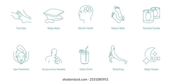 Foot Spa, Sleep Mask, Mental Health, Nature Walk, Scented Candles, Spa Treatment, Acupuncture, Detox Tea, Stretching, and Sleep Tracker Vector Icons for Wellness and Relaxation