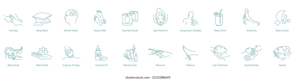 Foot Spa, Sleep Mask, Mental Health, Nature Walk, Scented Candles, Spa Treatment, Acupuncture Needles, Detox Drink, Stretching, Sleep Tracker, Body Scrub, Reiki Hands, Cupping Therapy vector icons