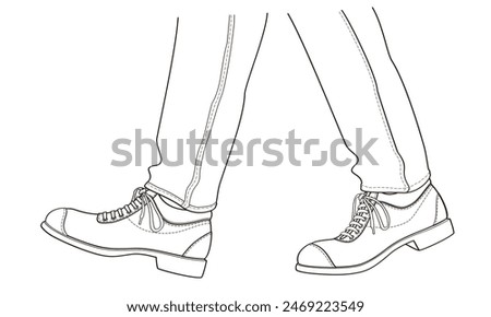 Foot Step in Jeans and Boots, vector outline illustration isolated on white background, eps