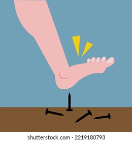 Foot step on a nail; foot accident concept