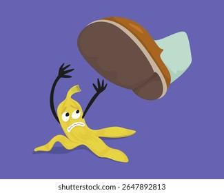 Pé para pisar e escorregar em uma casca de banana descartada. Erro prestes a pisar em uma casca de banana no chão. Desenho animado Illustration Vetor.