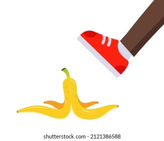 foot steps on a banana peel. slip on a banana. flat vector illustration.