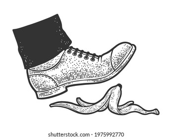 foot steps on a banana skin peel sketch engraving vector illustration. T-shirt apparel print design. Scratch board imitation. Black and white hand drawn image.