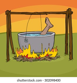 Foot sticking out of boiling pot in bonfire