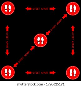 Foot Symbol Marking the standing position, the floor as markers for people to stand 6 feet apart, the practices put in place to enforce social distancing, vector illustration 
