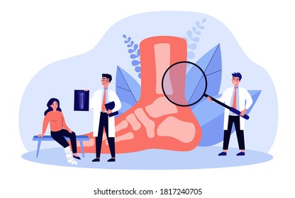 Foot or toe trauma concept. Podiatry doctor giving X ray to patient with plaster on ankle. Vector illustration for podiatrist, physiotherapist, feet disease treatment, surgery topics