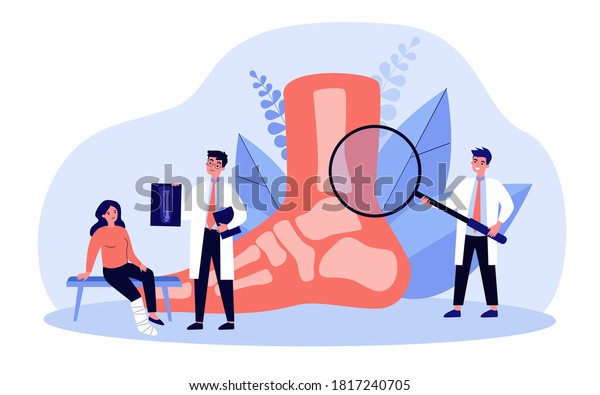 Foot or toe trauma concept. Podiatry doctor giving\
X ray to patient with plaster on ankle. Vector illustration for\
podiatrist, physiotherapist, feet disease treatment, surgery\
topics