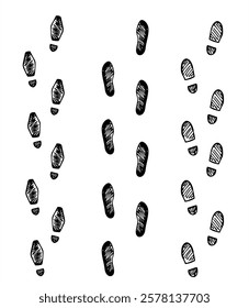 Foot trail set. Human footprints.  Step footprints paths, vector Illustration. Isolated on white background