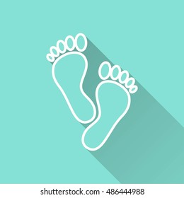 Foot vector icon with long shadow. White illustration isolated on green background for graphic and web design.