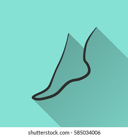 Foot vector icon with long shadow. Black illustration isolated on green background for graphic and web design.