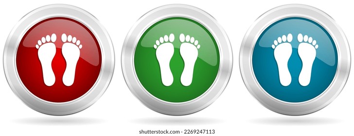 Foot vector icon set. Red, blue and green silver metallic web buttons with chrome border