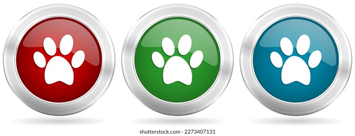 Foot vector icon set. Red, blue and green silver metallic web buttons with chrome border