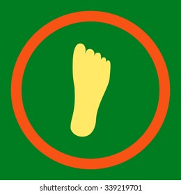 Foot vector icon. Style is bicolor flat rounded symbol, orange and yellow colors, rounded angles, green background.