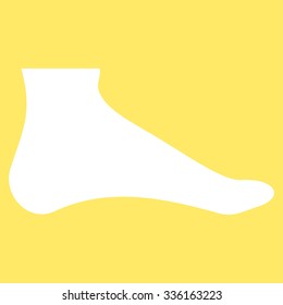Foot vector icon. Style is flat symbol, white color, rounded angles, yellow background.