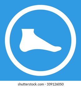 Foot vector icon. Style is flat rounded symbol, white color, rounded angles, blue background.