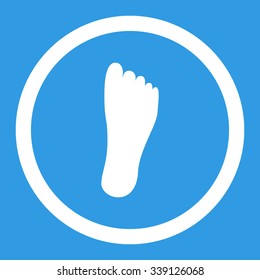Foot vector icon. Style is flat rounded symbol, white color, rounded angles, blue background.