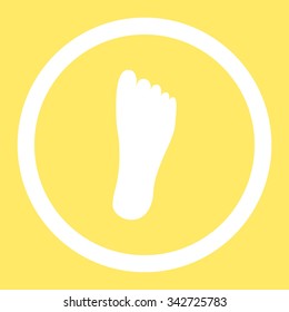 Foot vector icon. Style is flat rounded symbol, white color, rounded angles, yellow background.
