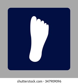 Foot vector icon. Style is flat rounded square button, white and dark blue colors, silver background.