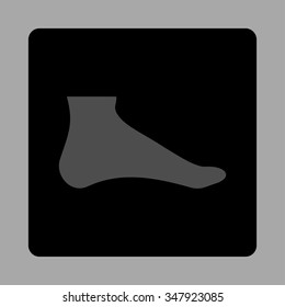 Foot vector icon. Style is flat rounded square button, gray and black colors, silver background.