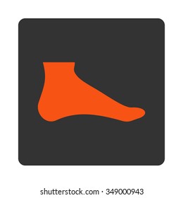 Foot vector icon. Style is flat rounded square button, orange and gray colors, white background.