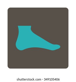 Foot vector icon. Style is flat rounded square button, cyan and grey colors, white background.